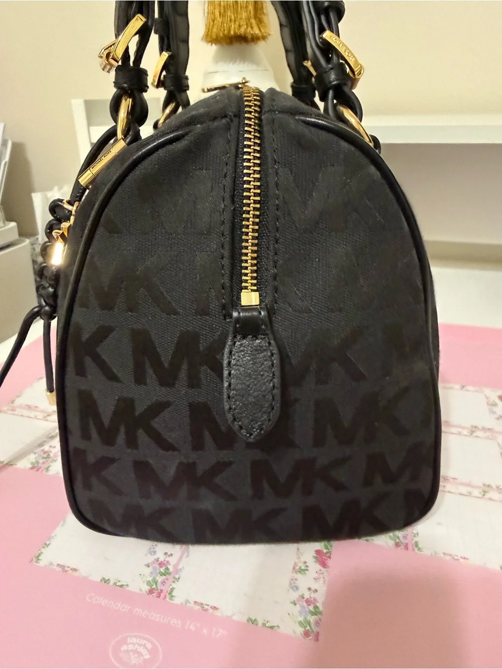 Michael Kors Logo-Print Handbag With Leather Handles And Leather Bag Charm.